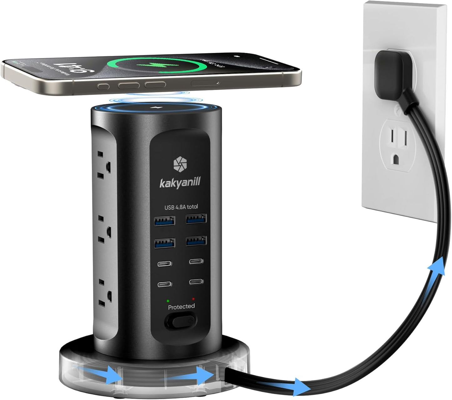 Estación carga USB 30W torre con 9 salidas CA y 8 puertos