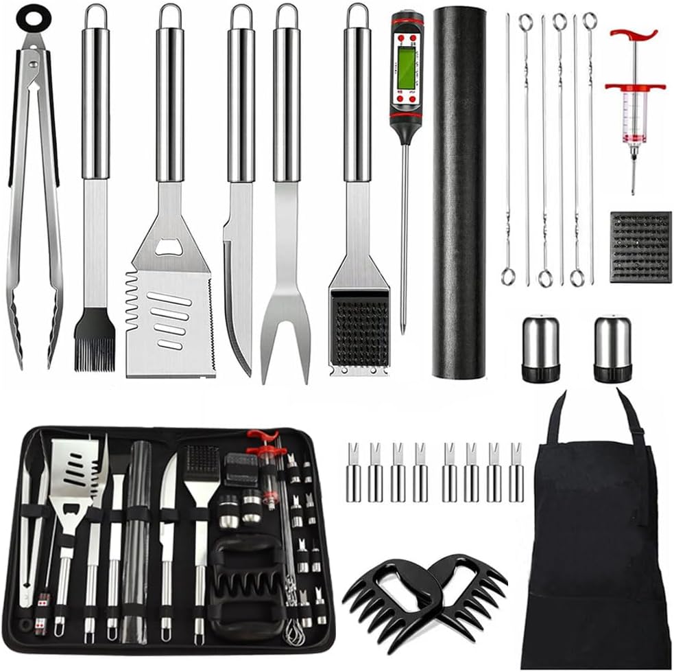 Kit 30 accesorios BBQ acero inox con delantal y bolsa