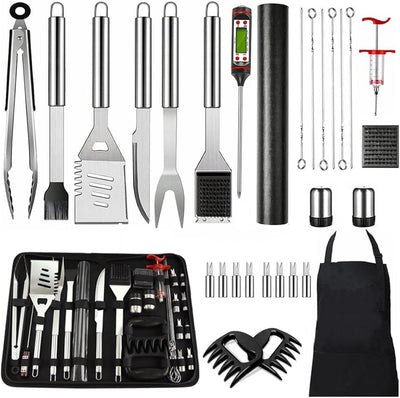 Kit 30 accesorios BBQ acero inox con delantal y bolsa
