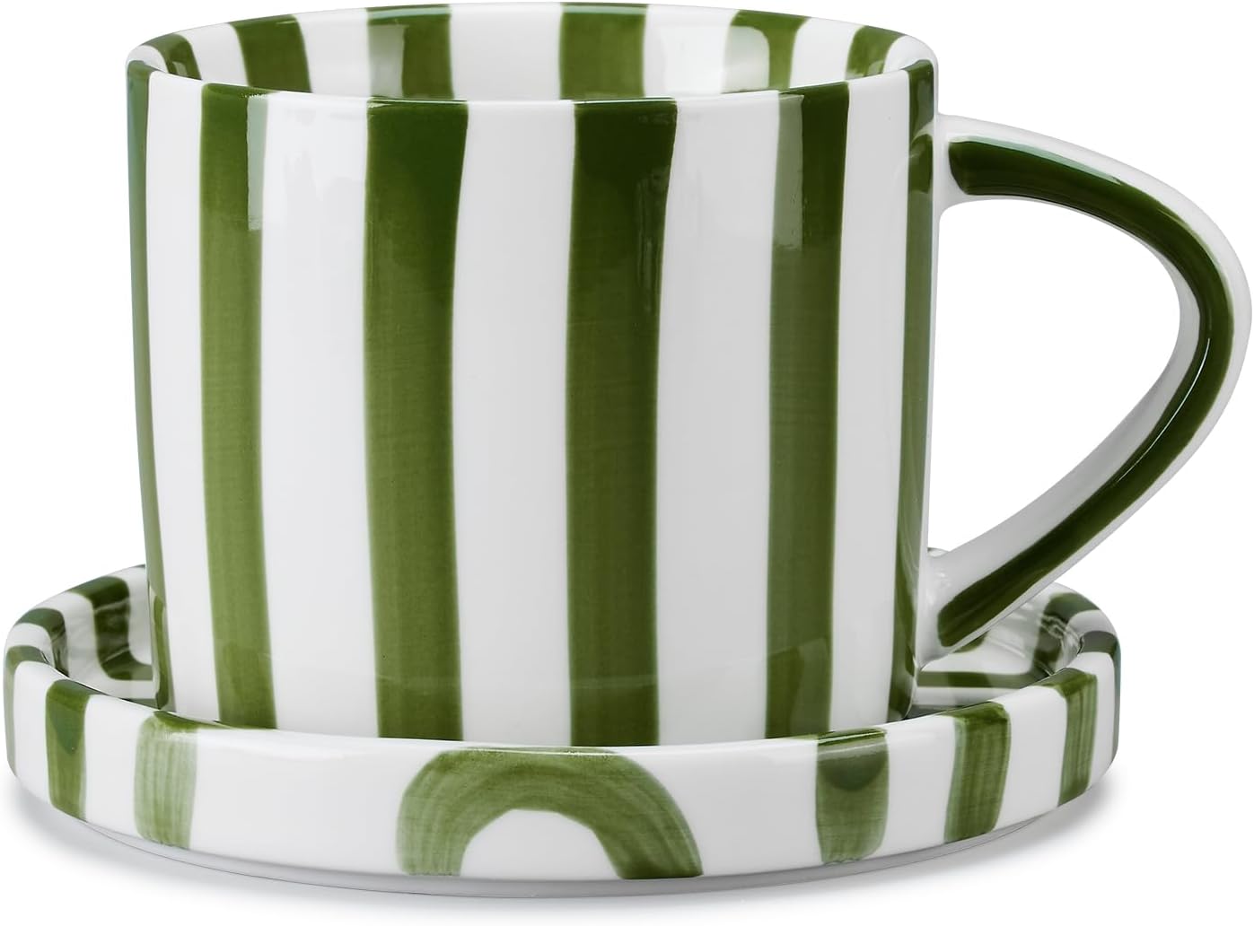 Juego de tazas y platillos de cerámica pintados a mano con rayas verdes