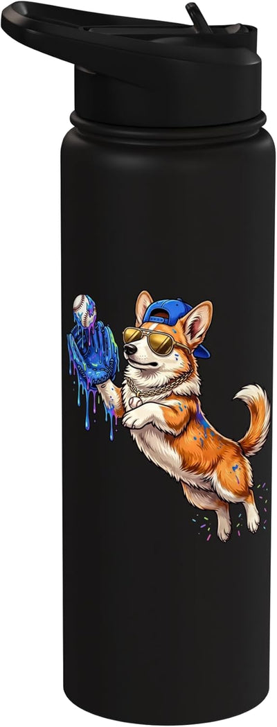 Botella de agua acero inoxidable con perro corgi jugando béisbol