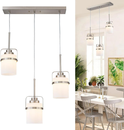 Lámpara colgante 3 luces níquel vidrio leche cocina