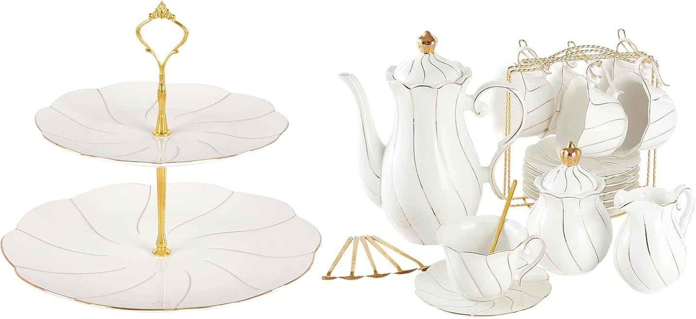 Set 22 Pzas Té Porcelana Soporte Cupcakes Estilo Británico Dorado