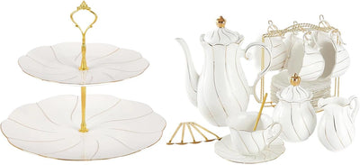 Set 22 Pzas Té Porcelana Soporte Cupcakes Estilo Británico Dorado