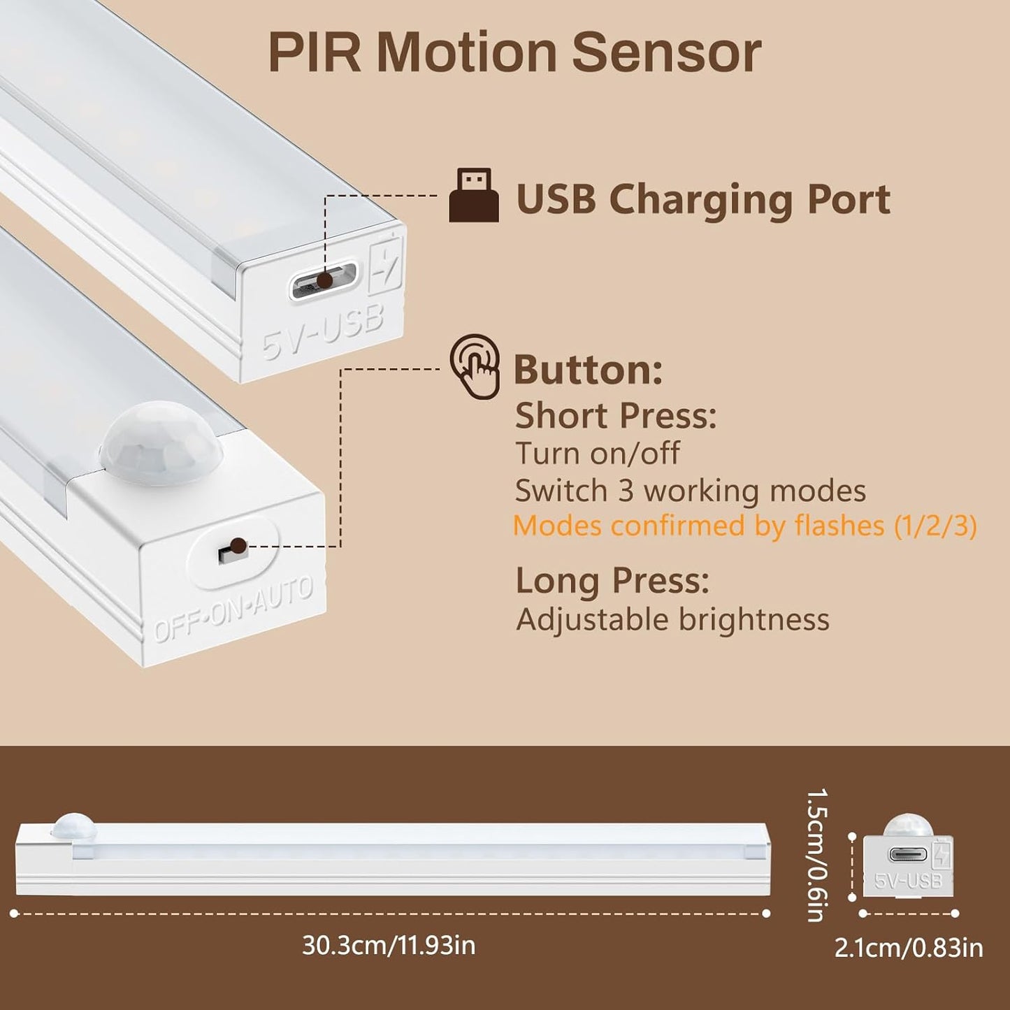 Luz recargable sensor movimiento LED 12pulg para gabinete 3 modos
