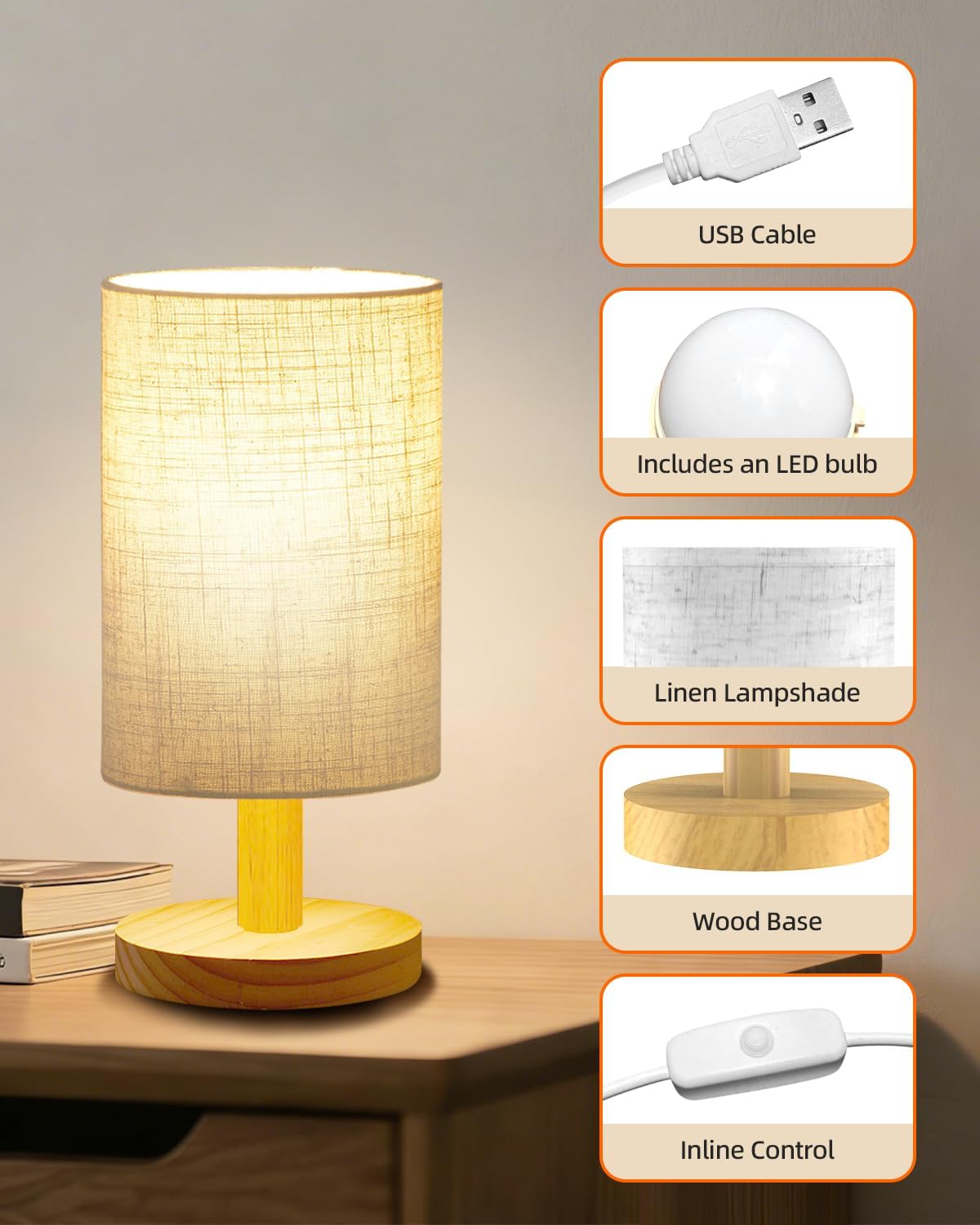 Lámpara mesa noche LED luz cálida base madera pantalla lino