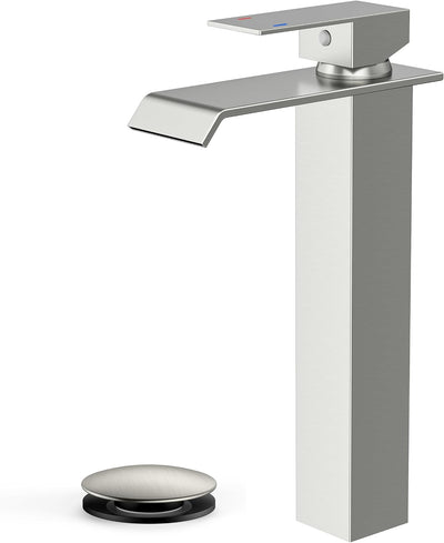 Grifo baño alto níquel cepillado un solo mango drenaje desplegable