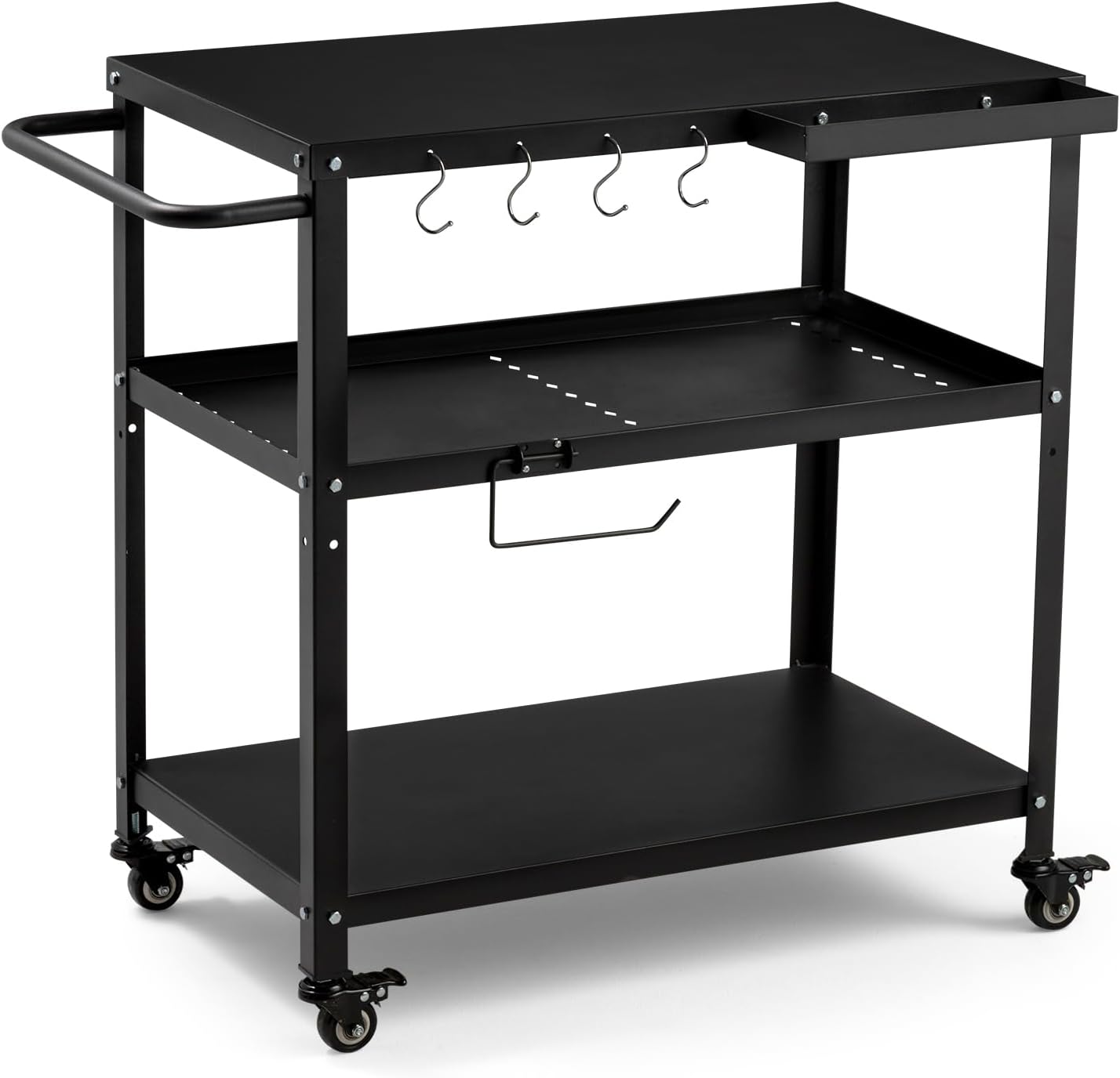 Mesa carrito parrilla 4 ruedas ganchos mango negro