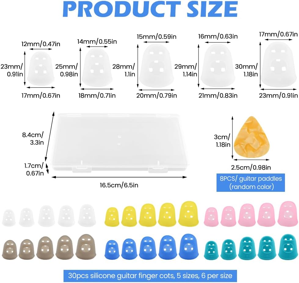 Protectores dedos guitarra 5 tallas silicona flexible con 8 púas