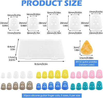 Protectores dedos guitarra 5 tallas silicona flexible con 8 púas
