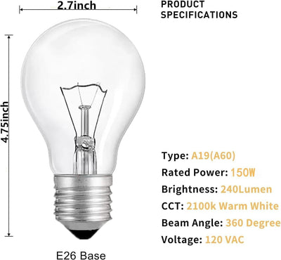Lámpara A19 150W Incandescente Resistente 4 Pzas