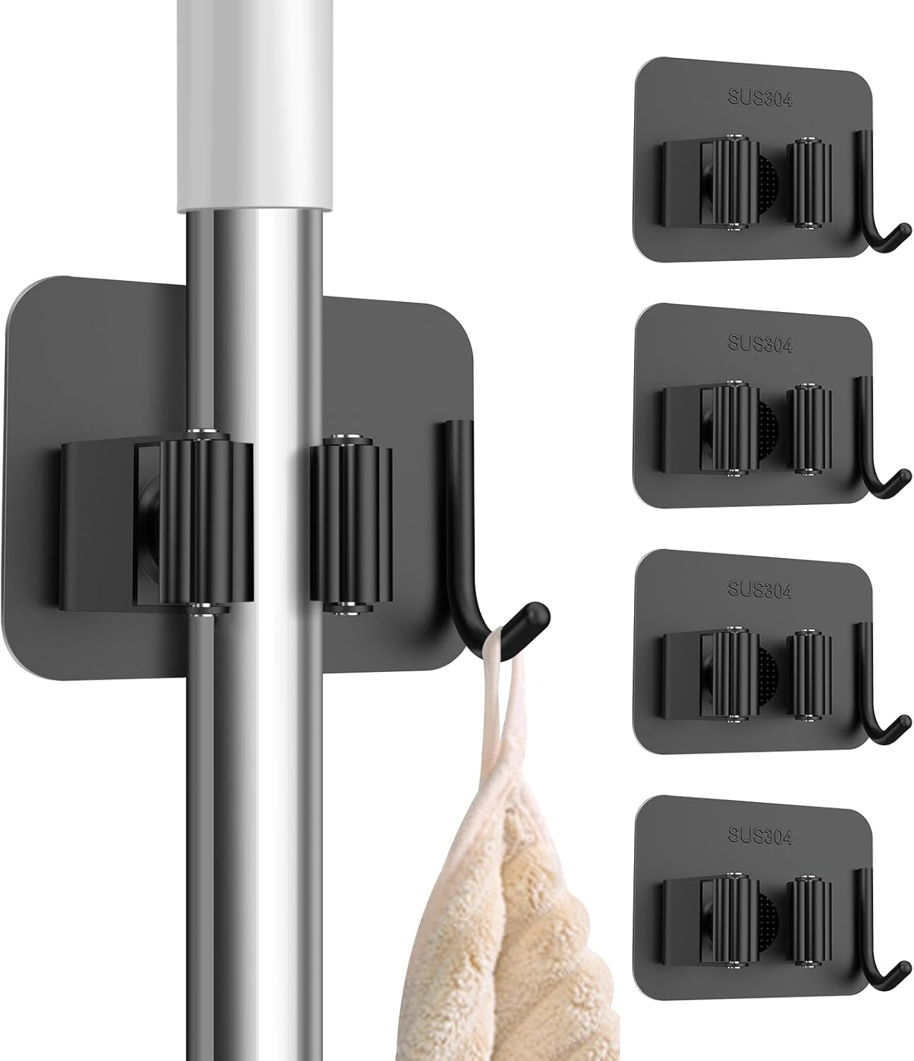 4 Soportes Autoadhesivos Pared Escobas Con Ganchos Acero Inox Negro
