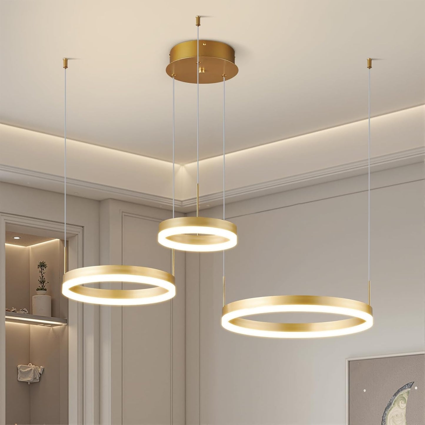 Candelabro LED dorado circular 3 anillos para comedor y sala