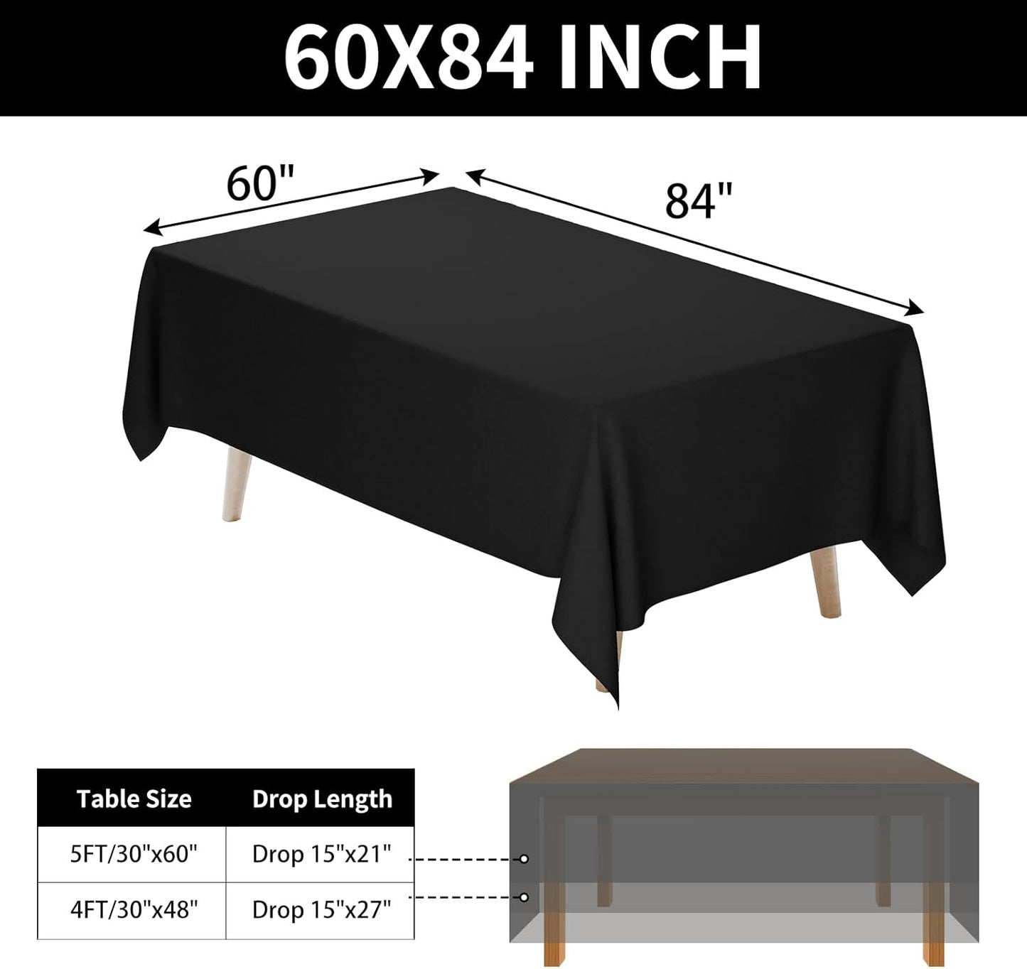 Mantel rectangular negro 60x84pulg tela cepillada poliéster