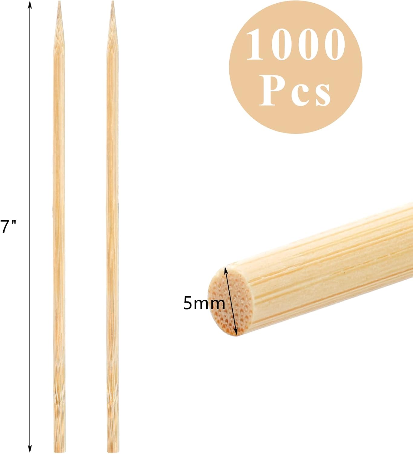 1000 Pinchos Bambú 7pulg 0.197pulg Grosor para Barbacoa Maíz Perro