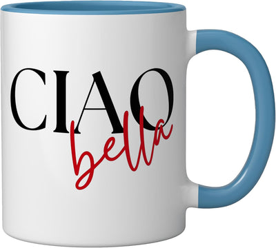 Taza de cerámica con frase italiana Ciao Bella azul/blanco