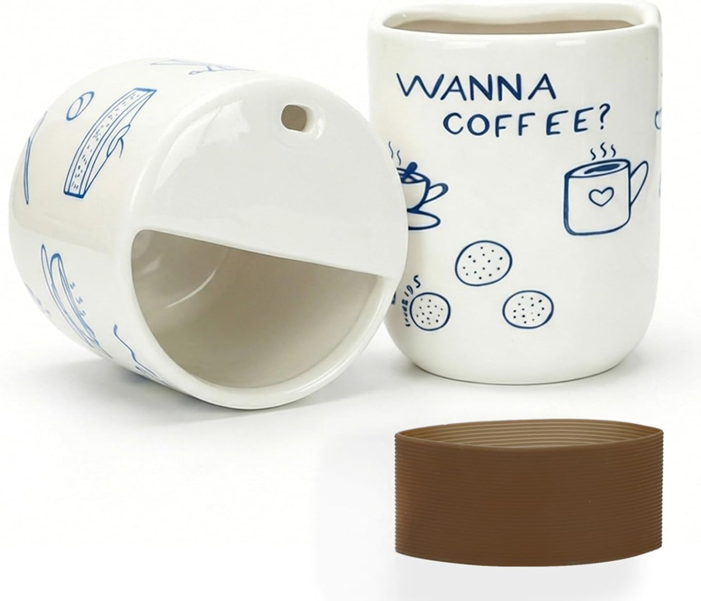Taza cerámica viaje con media tapa patrón azul 12oz