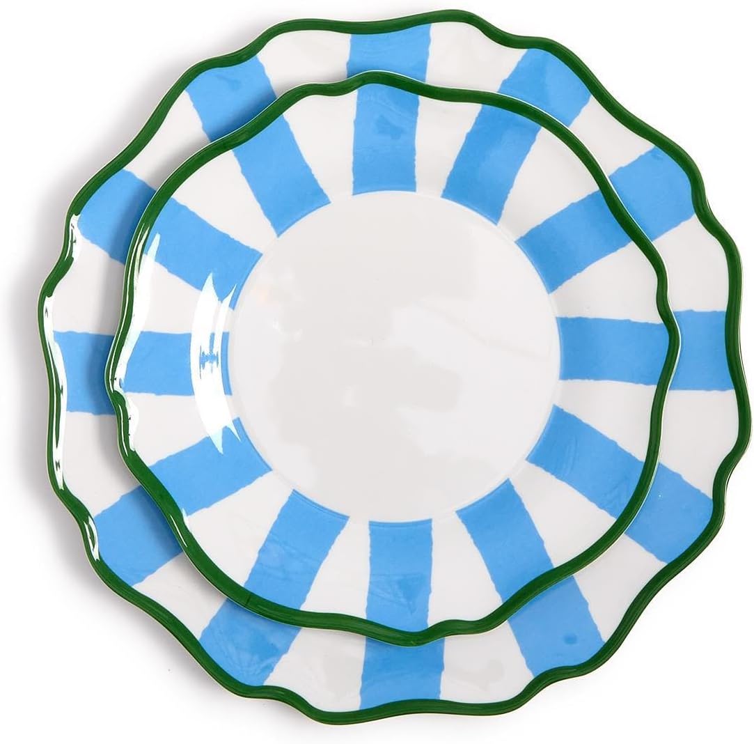 Juego de 4 platos llanos rayas azules francesas 8.75"