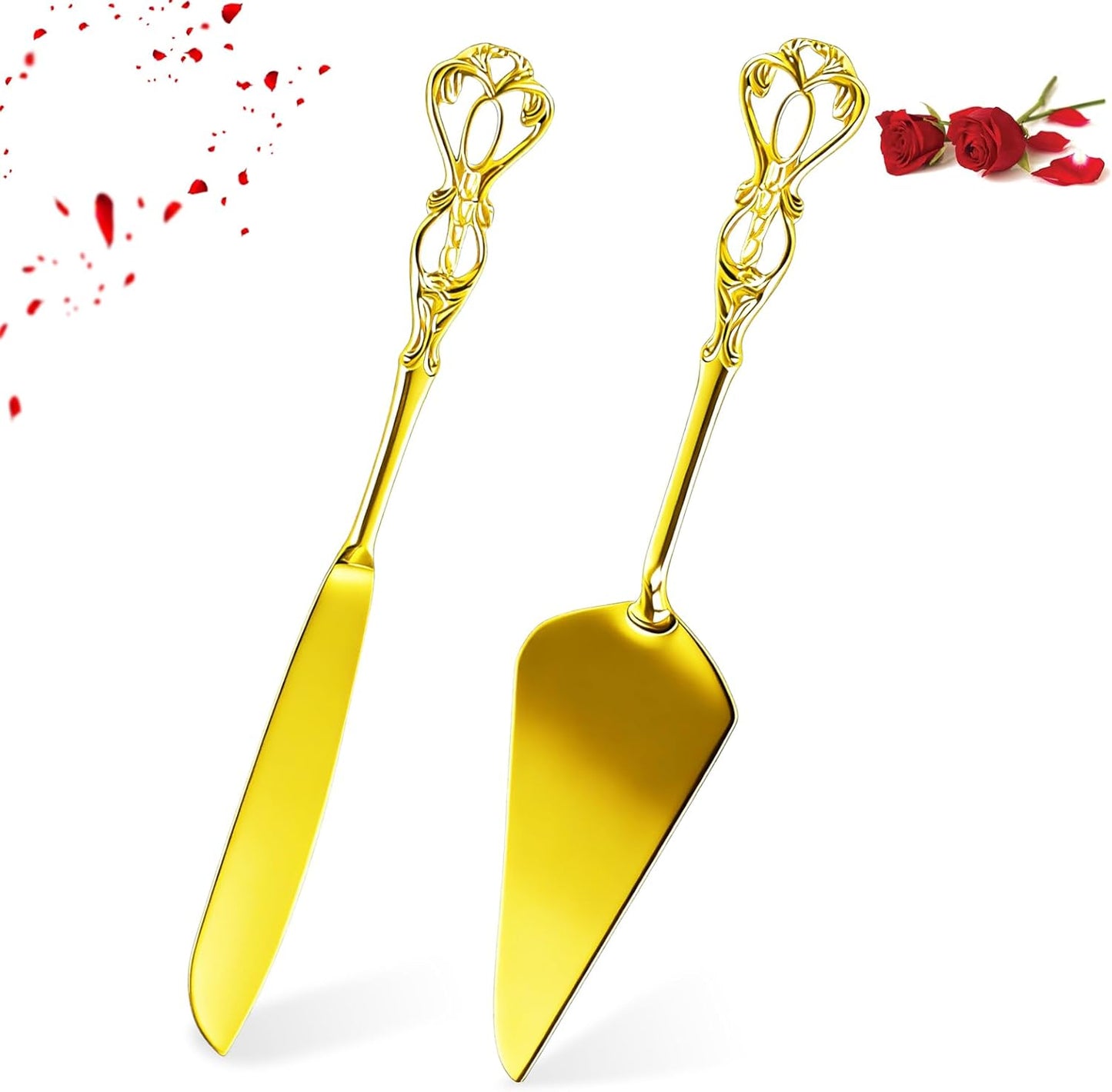 Juego de 2 cuchillos y servidores dorados para tartas de boda
