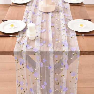 Camino de mesa floral lila para primavera y verano, gasa de 10 pies, flores transparentes