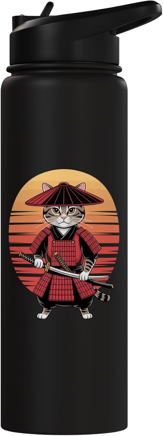 Botella de agua acero inoxidable samurái gato japonés