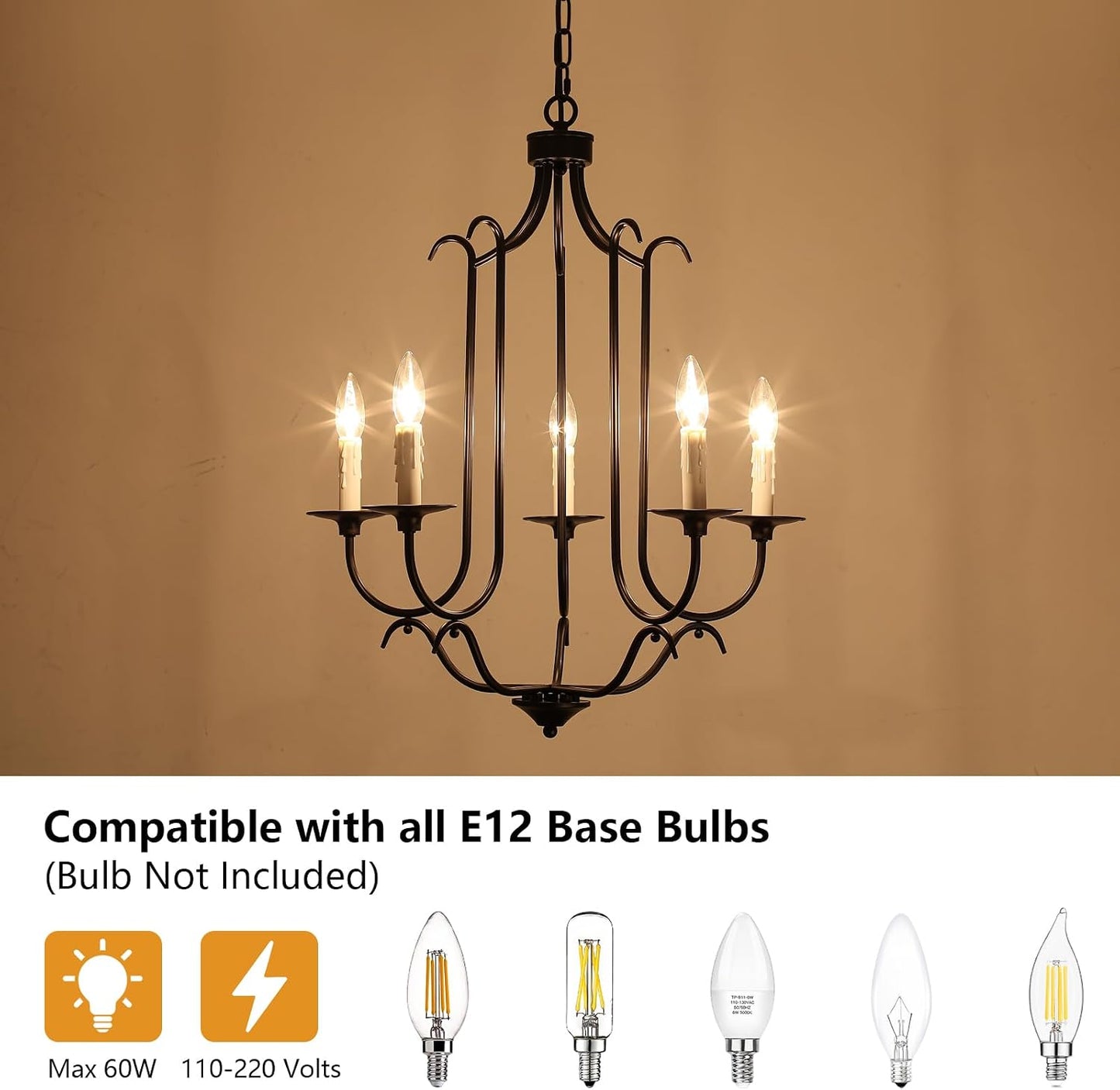 Candelabro negro 5 luces colgante ajustable sala comedor