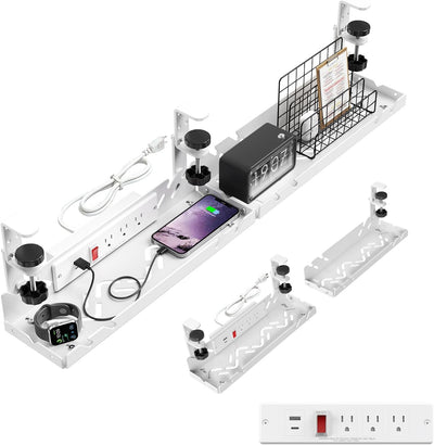 Bandeja metal organizador cables escritorio con toma corriente