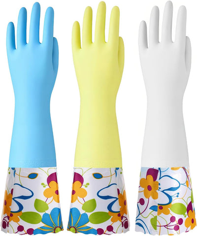3 Pzas Guantes Goma con Forro Algodón Puño Largo 16pulg