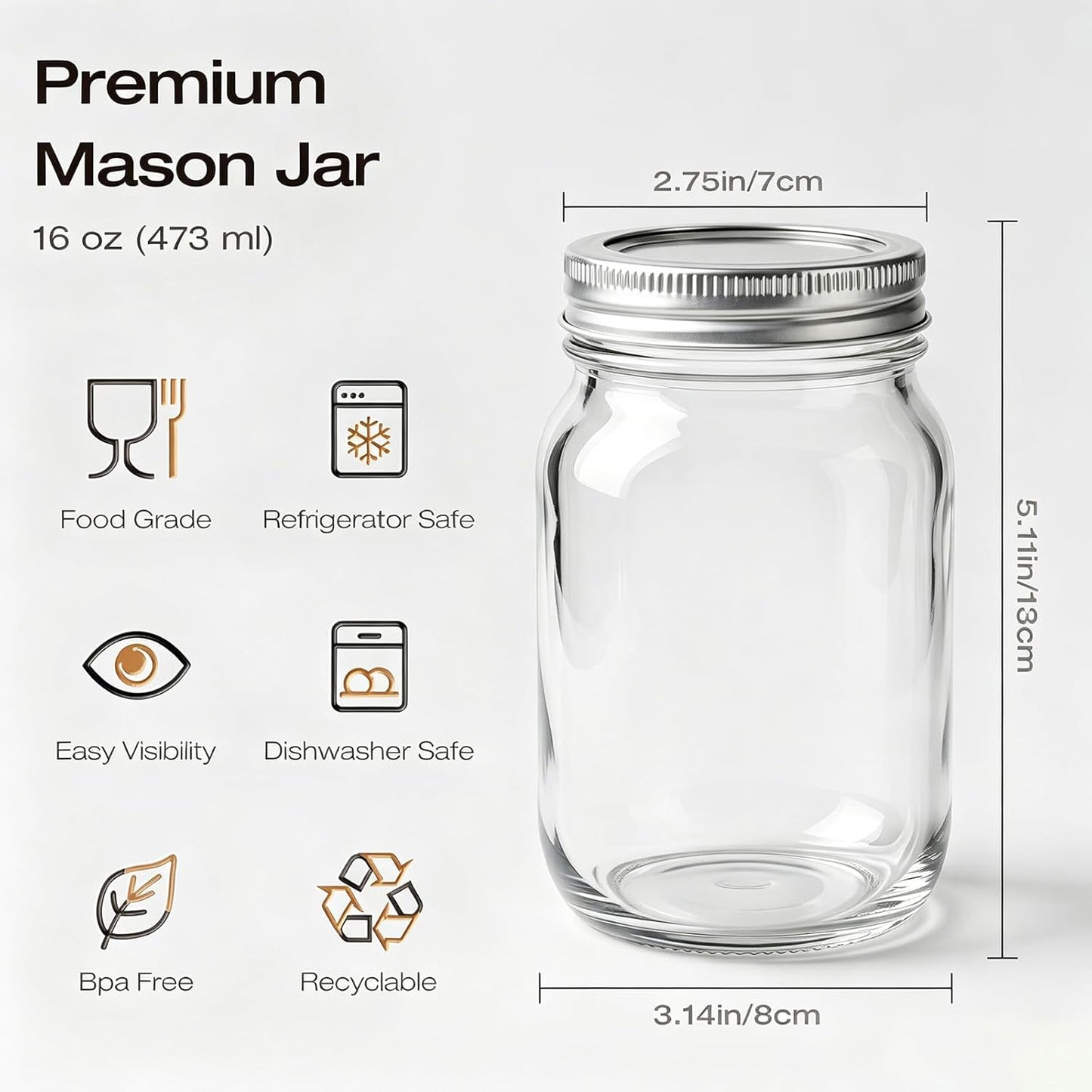 Tarros Mason 16oz vidrio alimenticio boca ancha herméticos