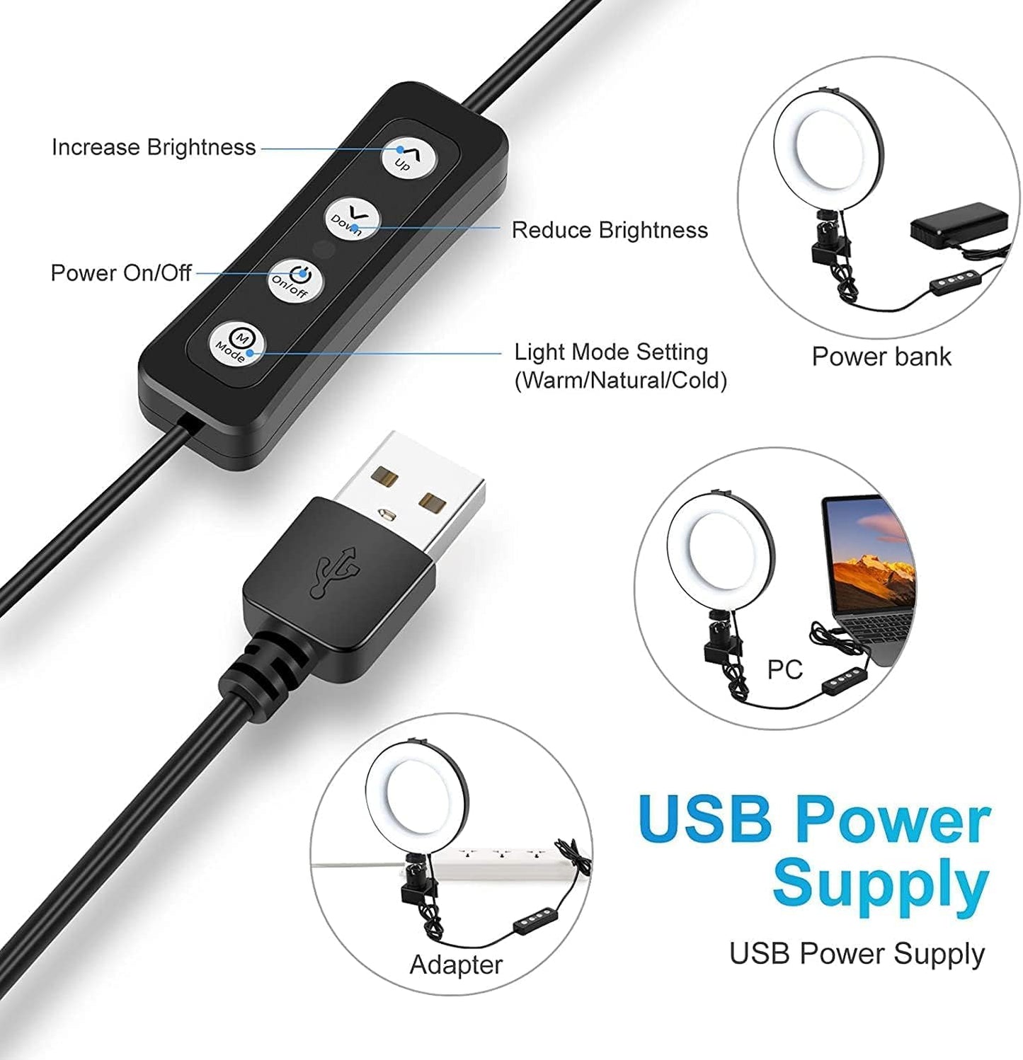 Anillo luz 6pulg soporte abrazadera 10 niveles brillo escritorio