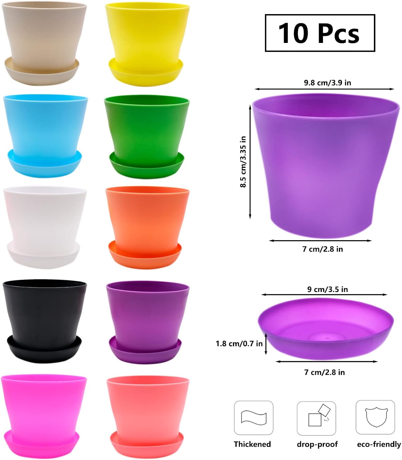 10 Macetas Plástico Coloridas con Bandejas Goteo