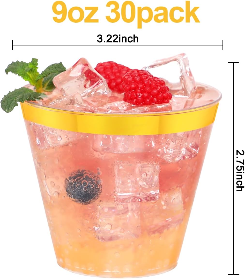 Vasos de plástico dorados con borde dorado 9 oz