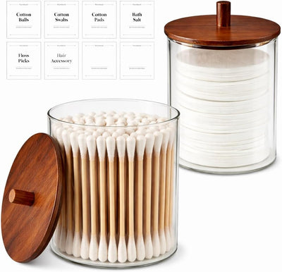 Juego dispensadores vidrio Qtip 15oz y 10oz tapas acacia