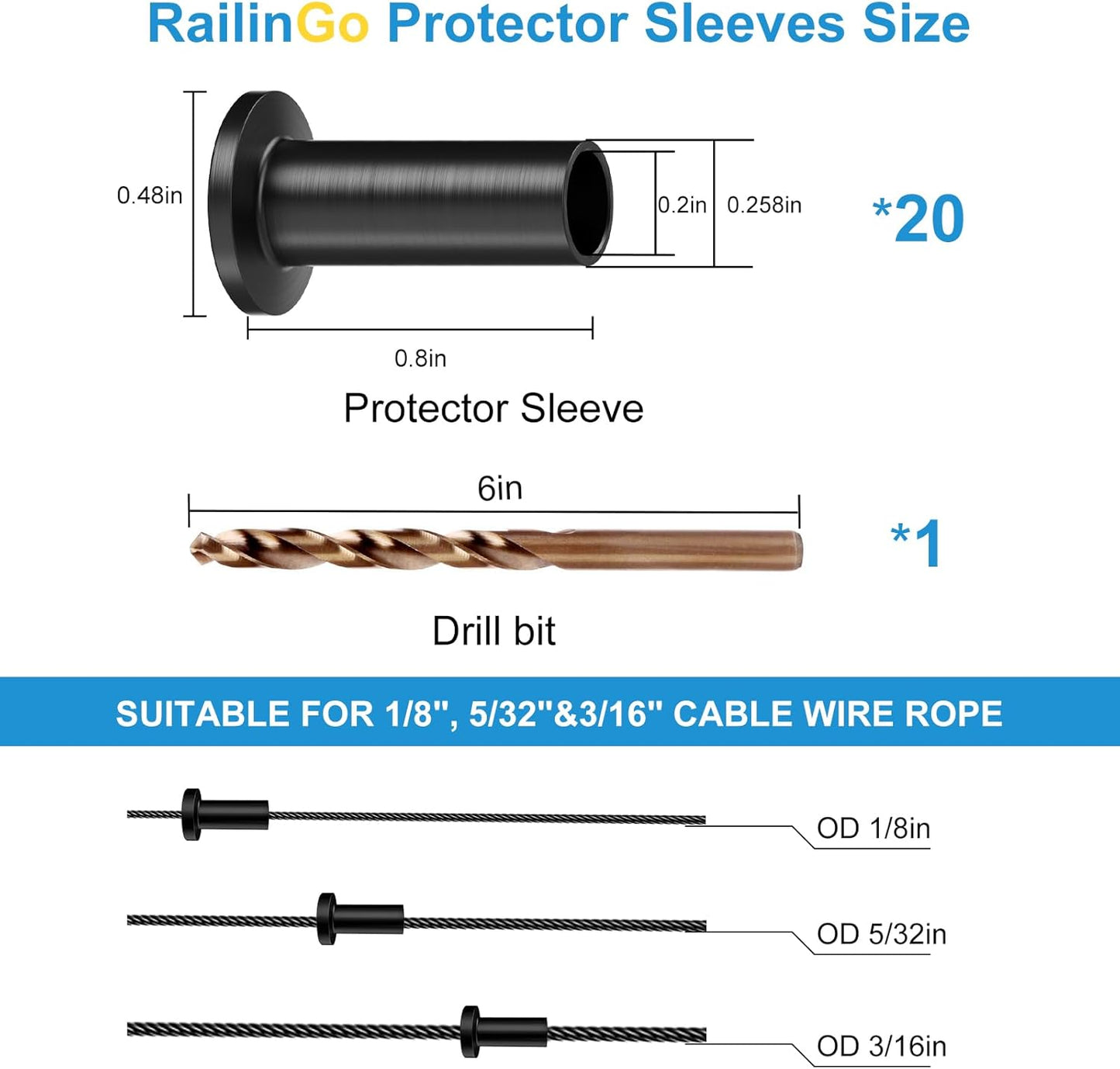 Pack 20 Fundas Barandilla Cable Negro Acero Inox Grado Marino