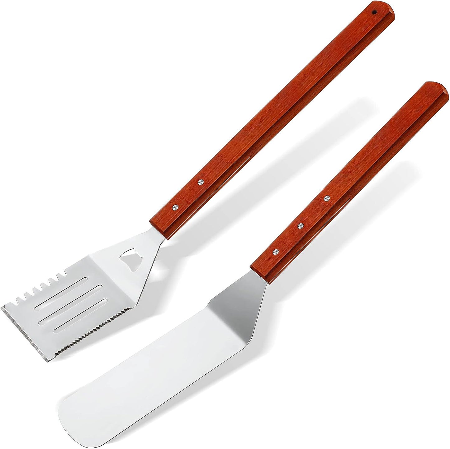 2 Espátulas Parrilla 20pulg Acero Inox Ranurada y Sólida Madera