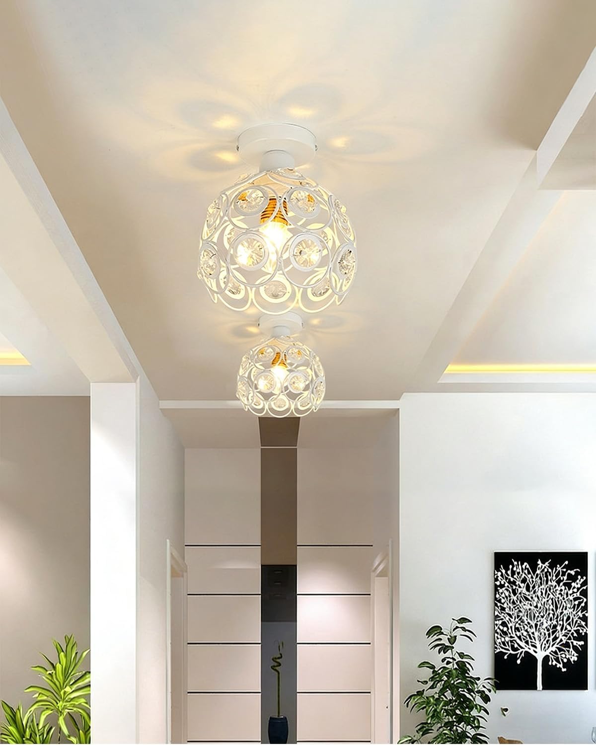Candelabro pasillo lámpara techo cristal sintético metal blanco
