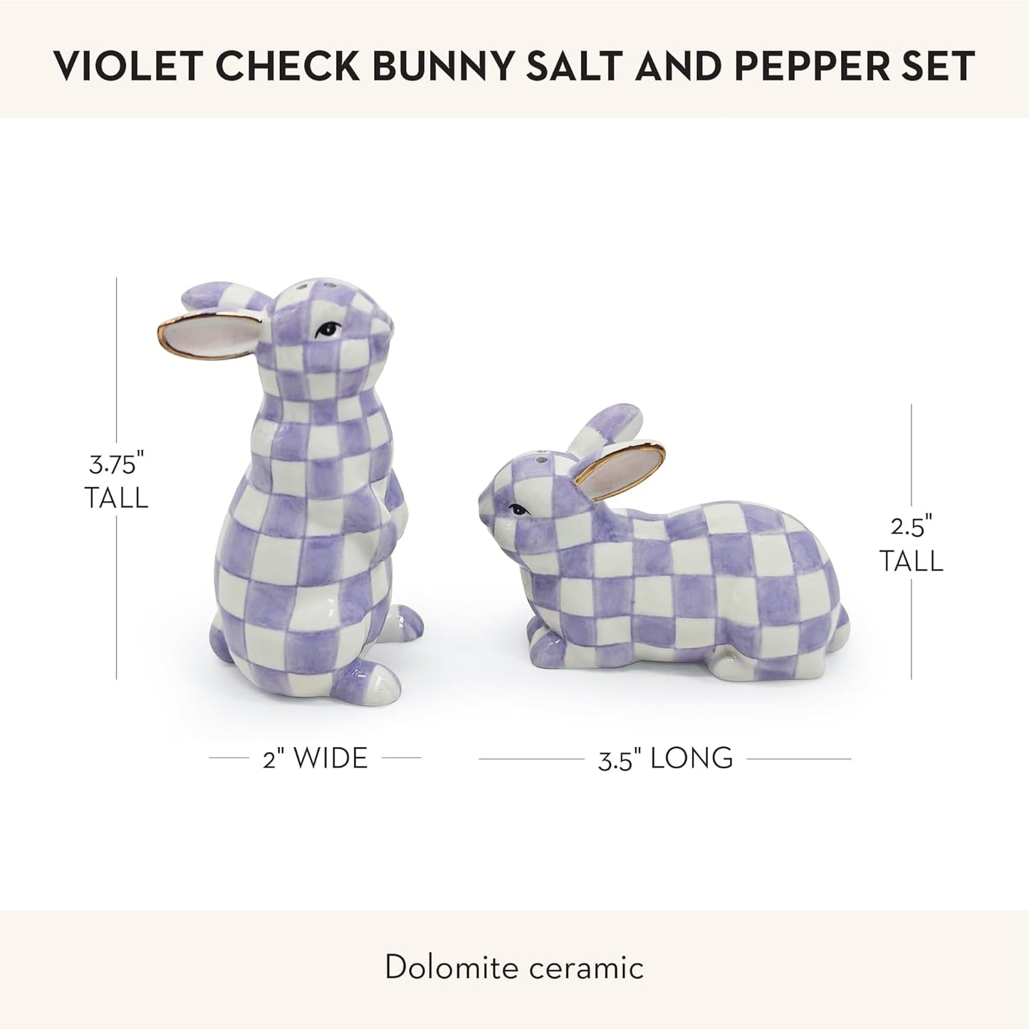 Set 2 Salero Pimentero Cerámica Conejito Violeta Blanco