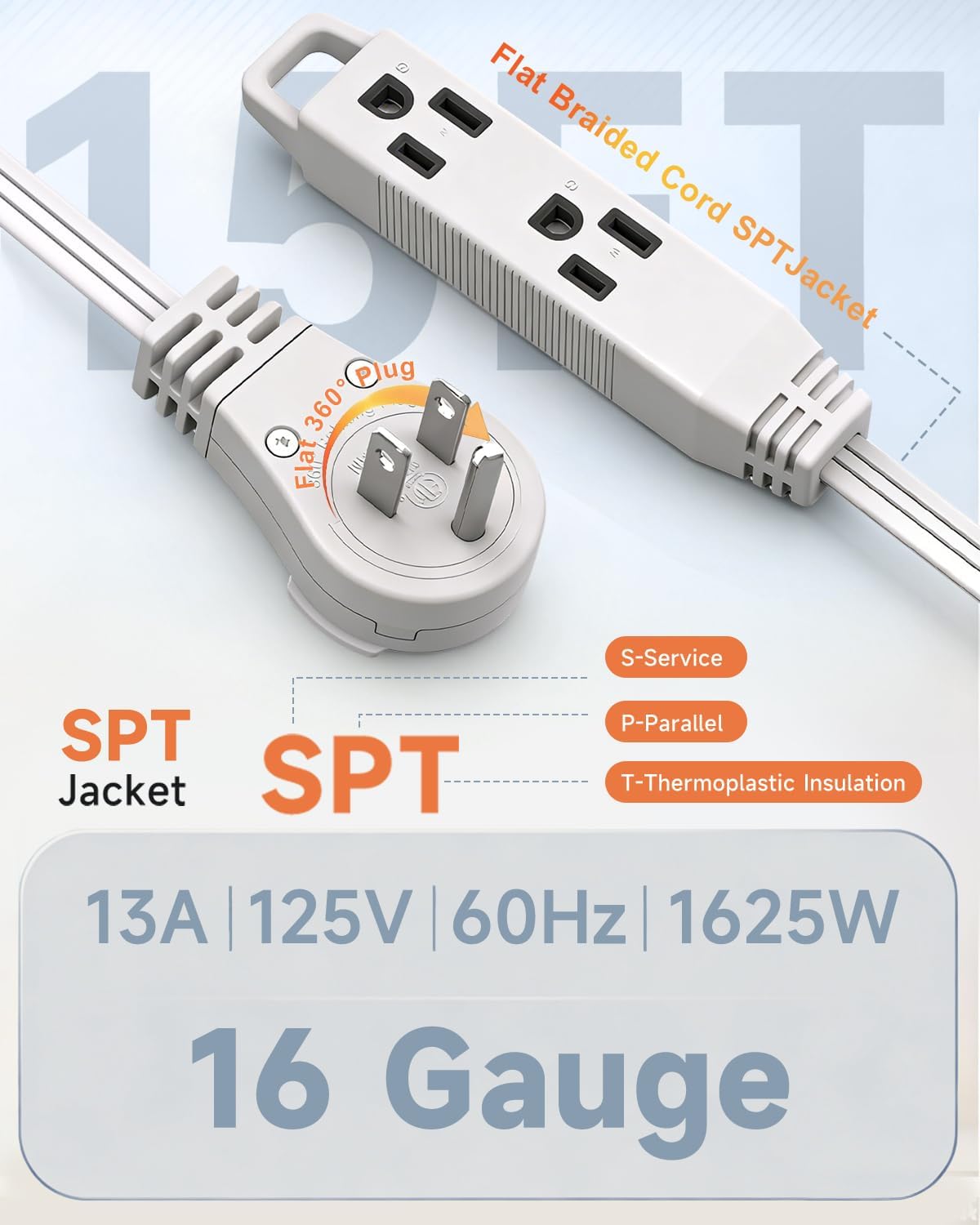 Cable extensión giratorio 360° 15ft con 3 tomas enchufe pared plana