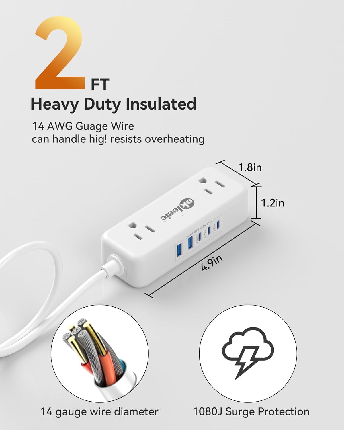 Cable extensión 2ft con protector sobretensiones 4 tomas 5 USB