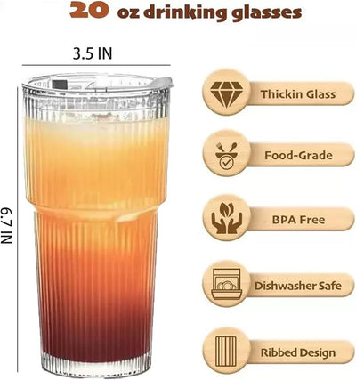 Vasos de vidrio con tapas y pajitas, 20 oz, tazas de café helado de pared gruesa