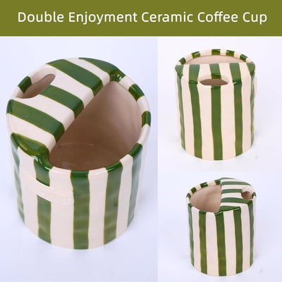 Taza de café expreso de cerámica a rayas pintada a mano con orificio para sorber