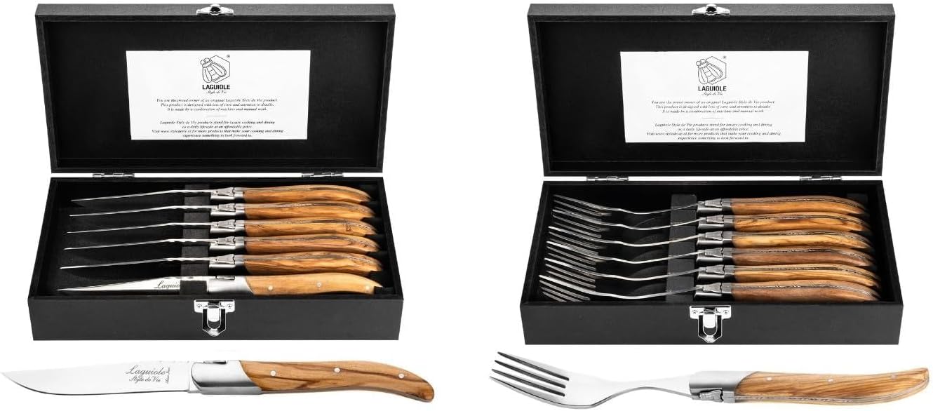 Set 12 Cuchillos y Tenedores para Carne Madera Olivo
