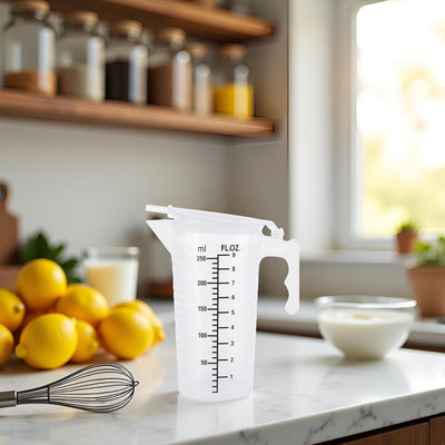 Taza medidora transparente 8.5oz con tapa plástico asa para hornear