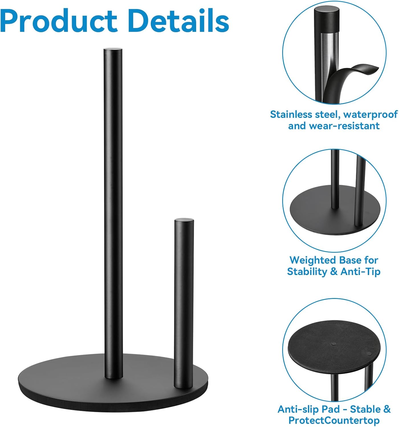 Soporte toallas papel acero inox encimera base pesada negro