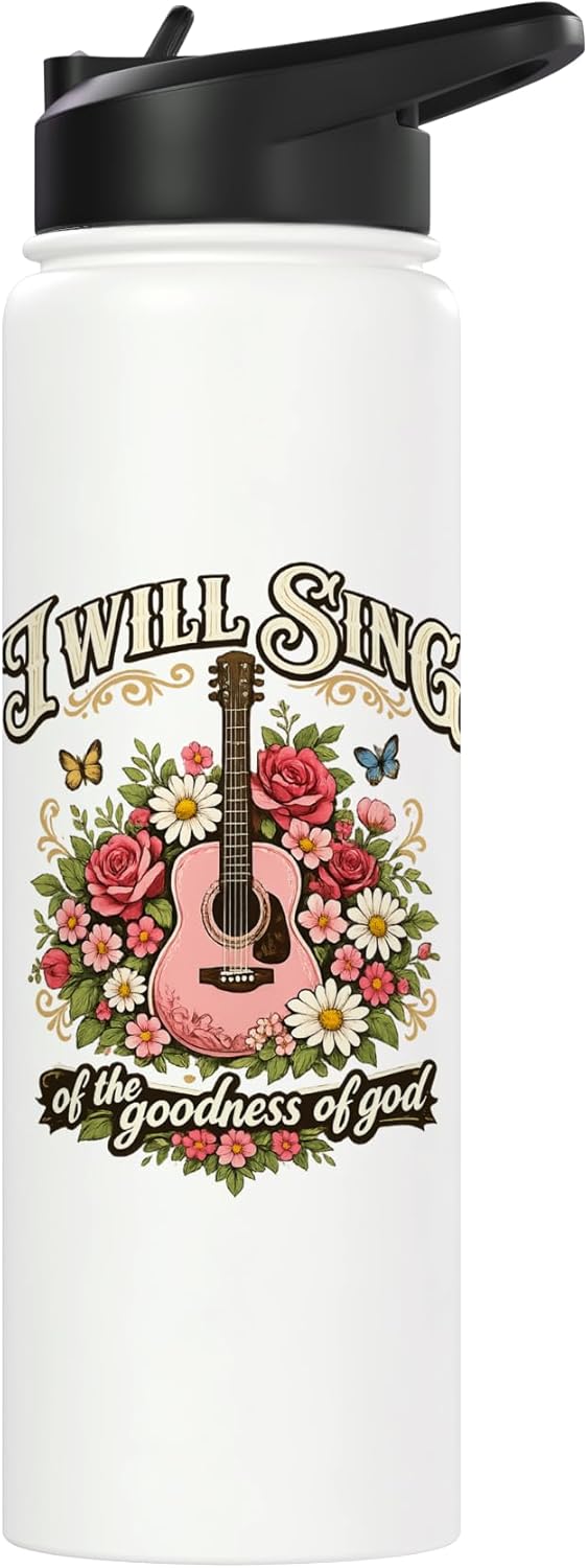 Botella de agua aislada floral para guitarra cristiana de acero inoxidable