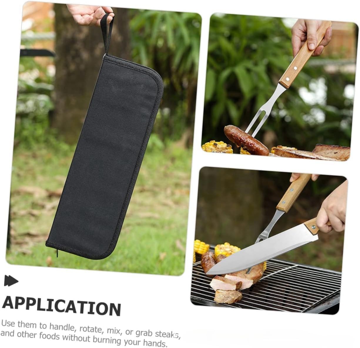 Juego 5 pzas herramientas parrilla acero inox asas madera