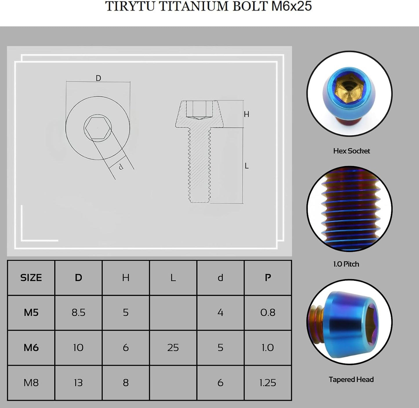 Tornillos titanio M8x25mm hex cónico azul resistencia corrosión