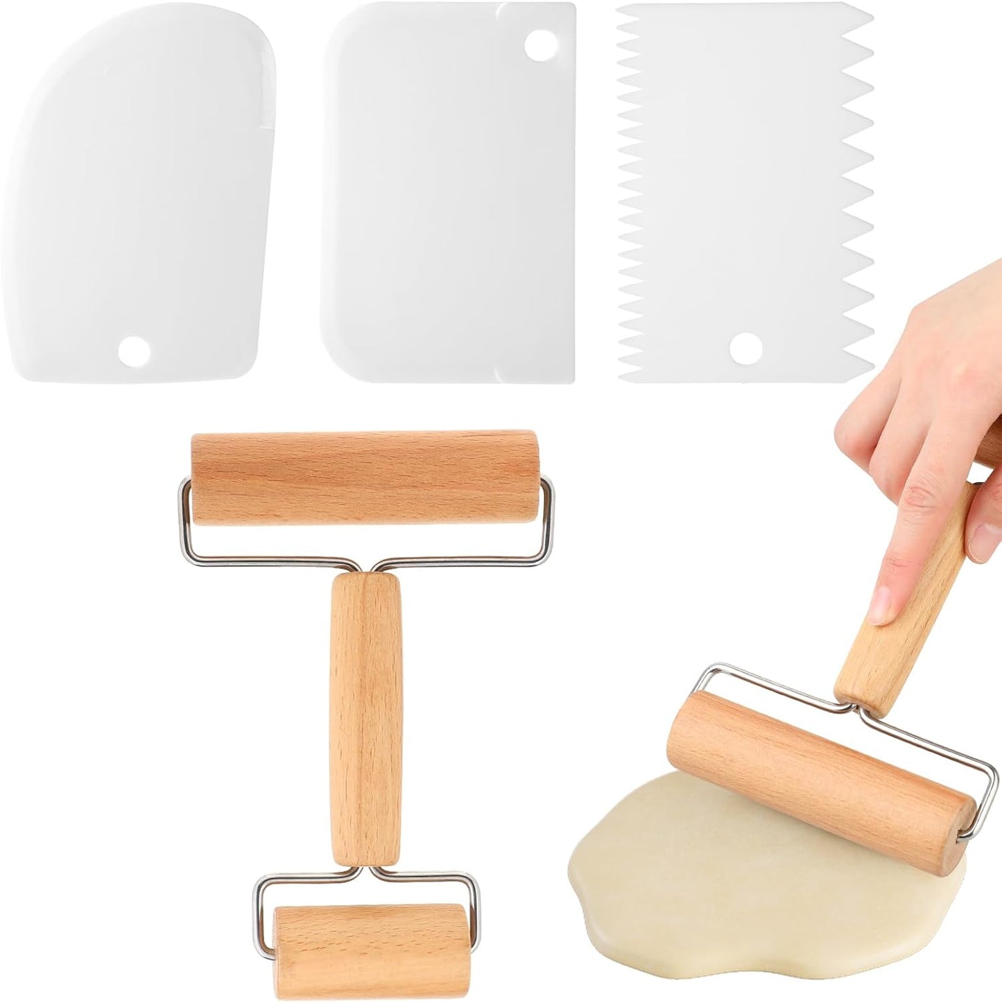 Mini rodillo de madera doble para masa con 3 raspadores antiadherente