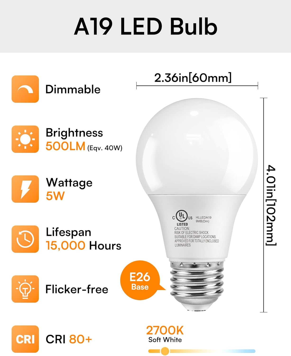 Bombilla LED regulable E26 A19 2700K 5W 500LM