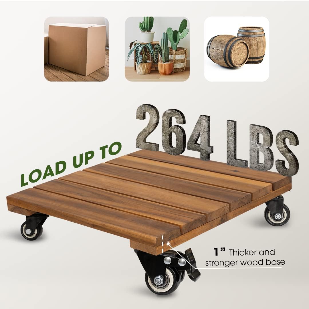 2 Cajas Madera Acacia para Plantas con Ruedas Bloqueables 360°